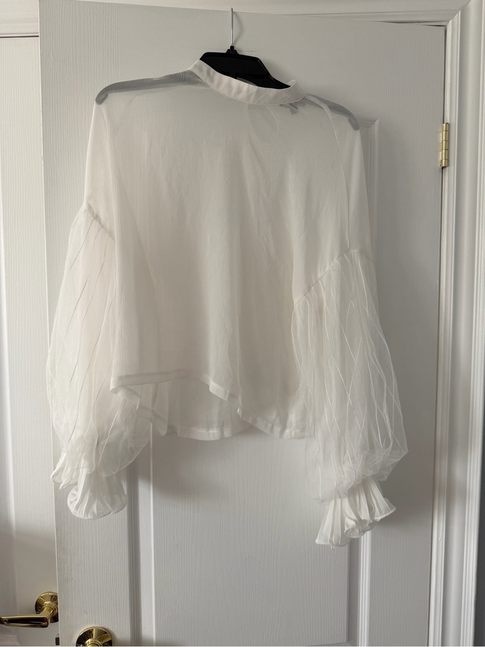 Elegant White Sheer Tulle Balloon Cuff Sleeve Blouse Size L